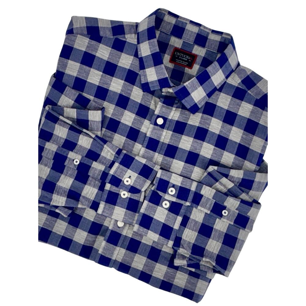 UNTUCKit Men's Button Up Shirt Blue Plaid XL Long Sleeve Cotton Linen Blend EUC